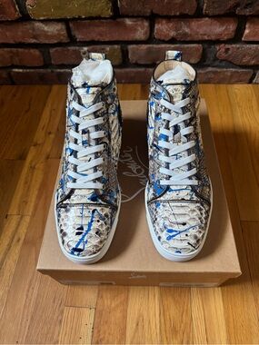High-Top Python Effect Sneakers with Blue Paint Splatter